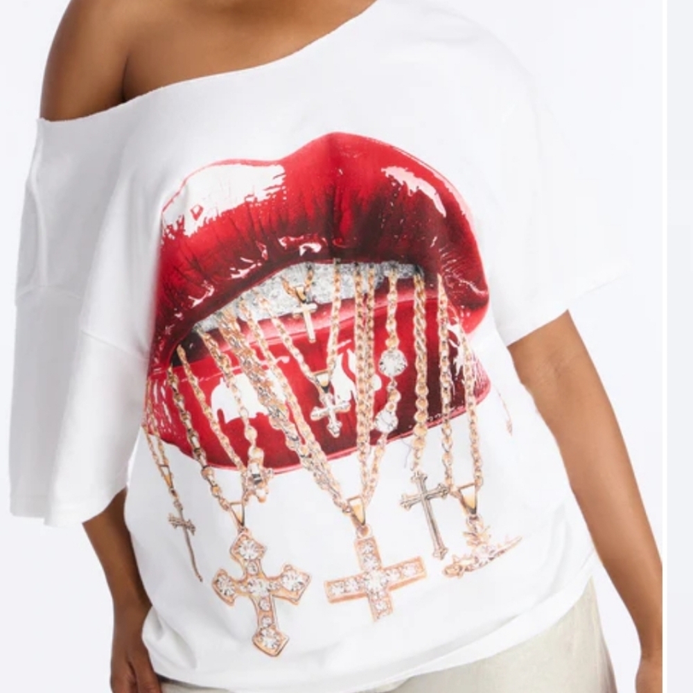 Sealed Lips Off Shoulder TShirt - White